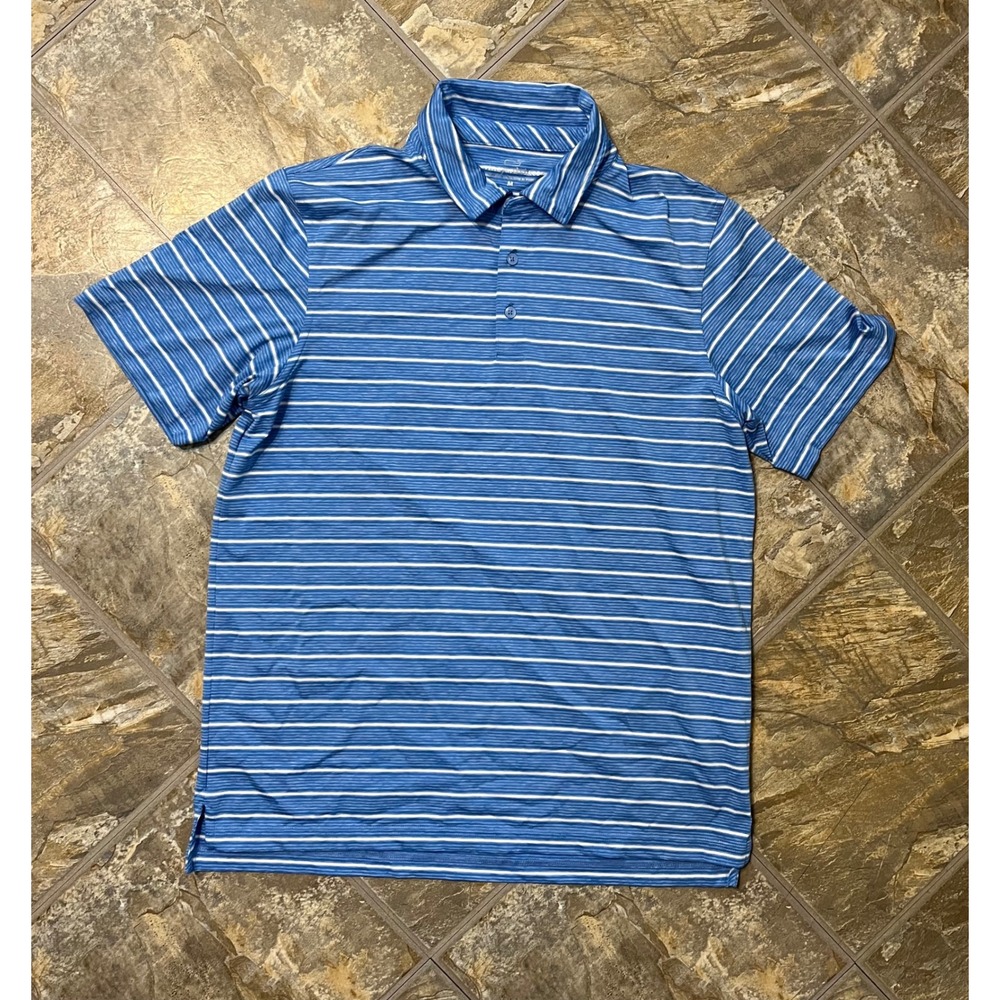 Vineyard Vines Polo Shirt Mens Medium Blue Striped Performance Short Sleeve